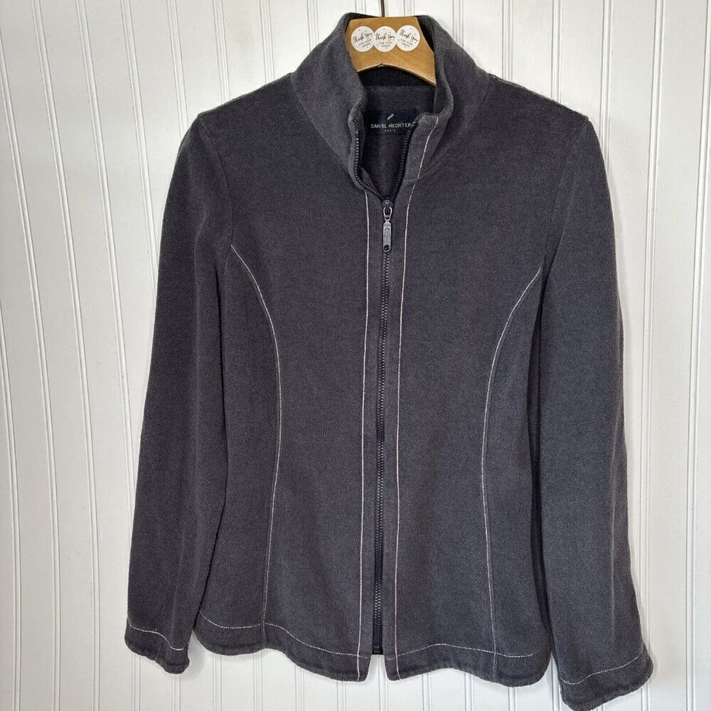 Daniel Hechter Jacket Womens M Paris Terry Fleece Zip Front Gray Pink Topstitch